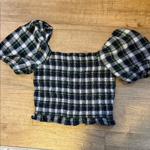 American Eagle Outfitters Plaid Puff Sleeve Top - Black and Green